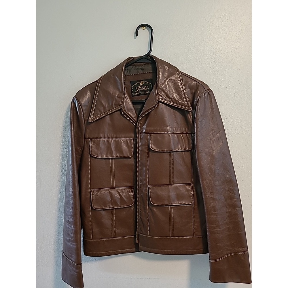 Vintage 70s Leather Jacket Mens Sz 40 Brown Zipper Buckles On Back